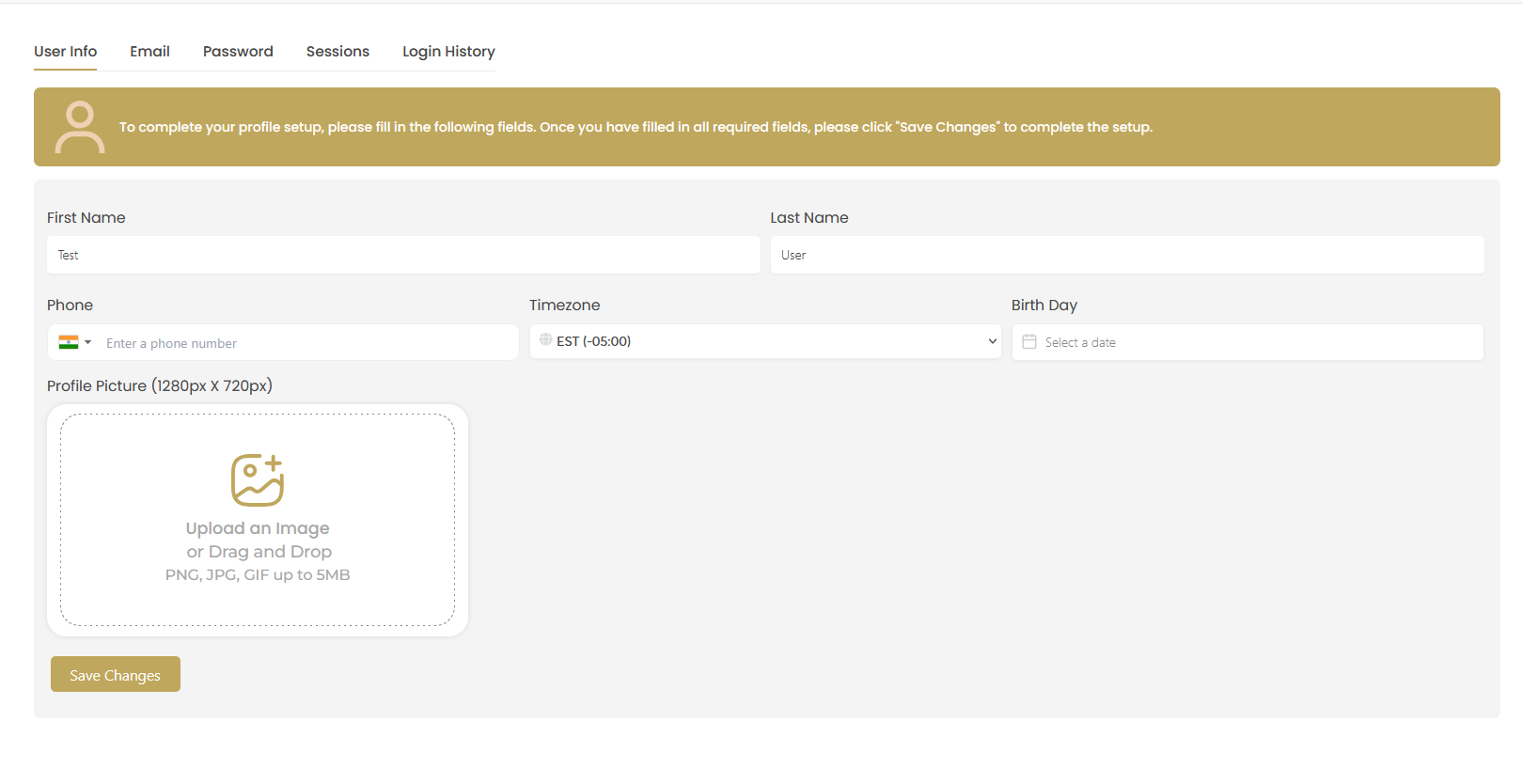 User Information Profile Setup
