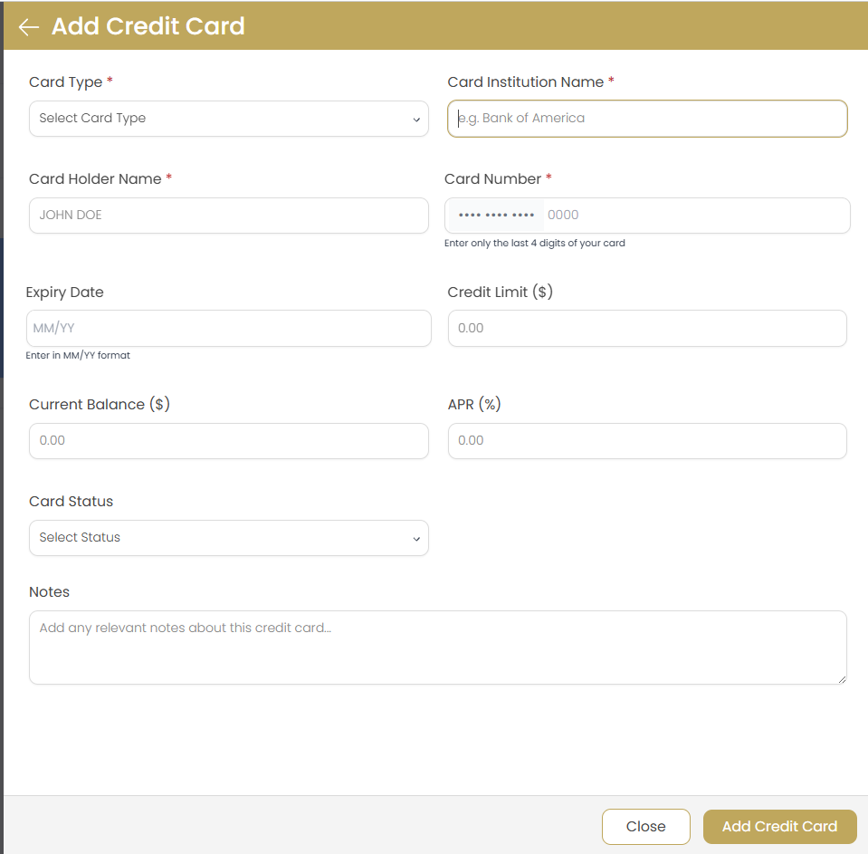 Add Credit Card Form