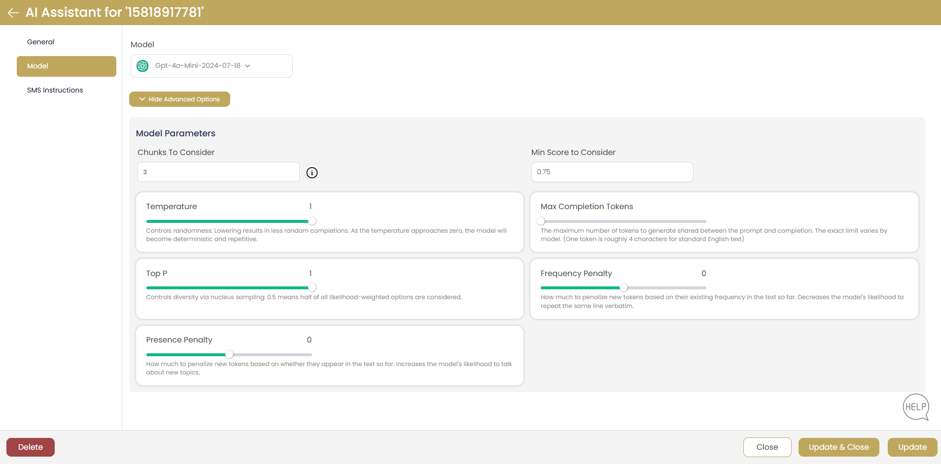 AI Assistant Model Settings