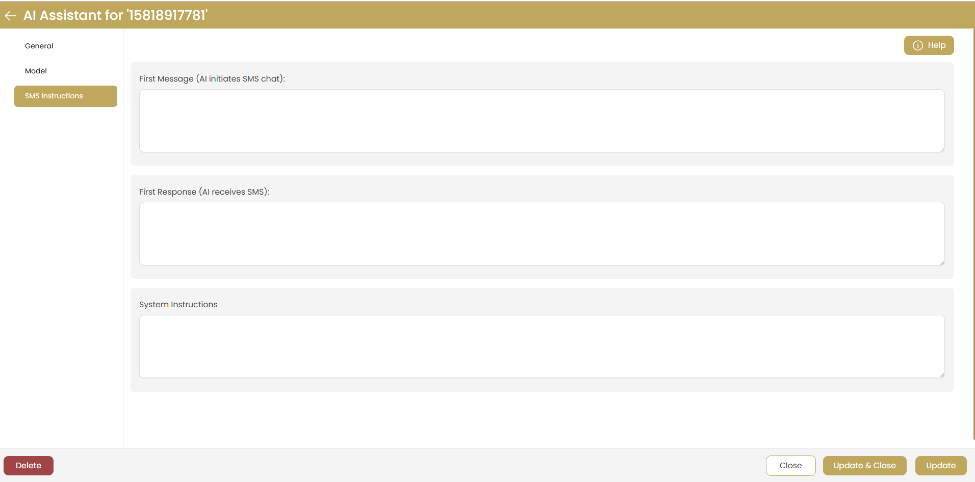 SMS Instructions Configuration