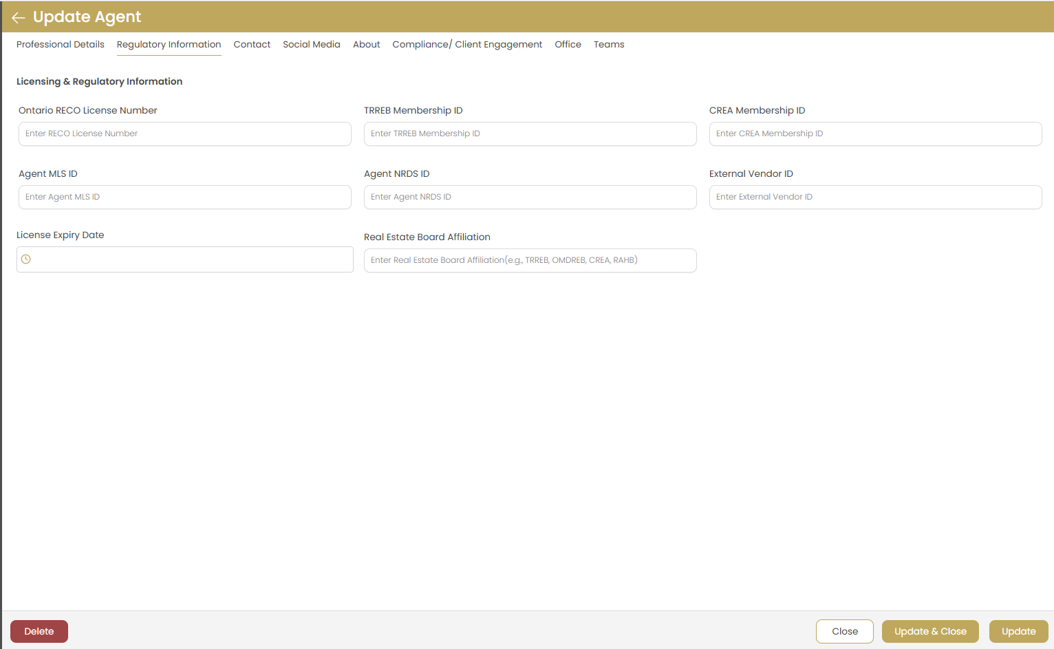 Add Agent - Regulatory Information Tab