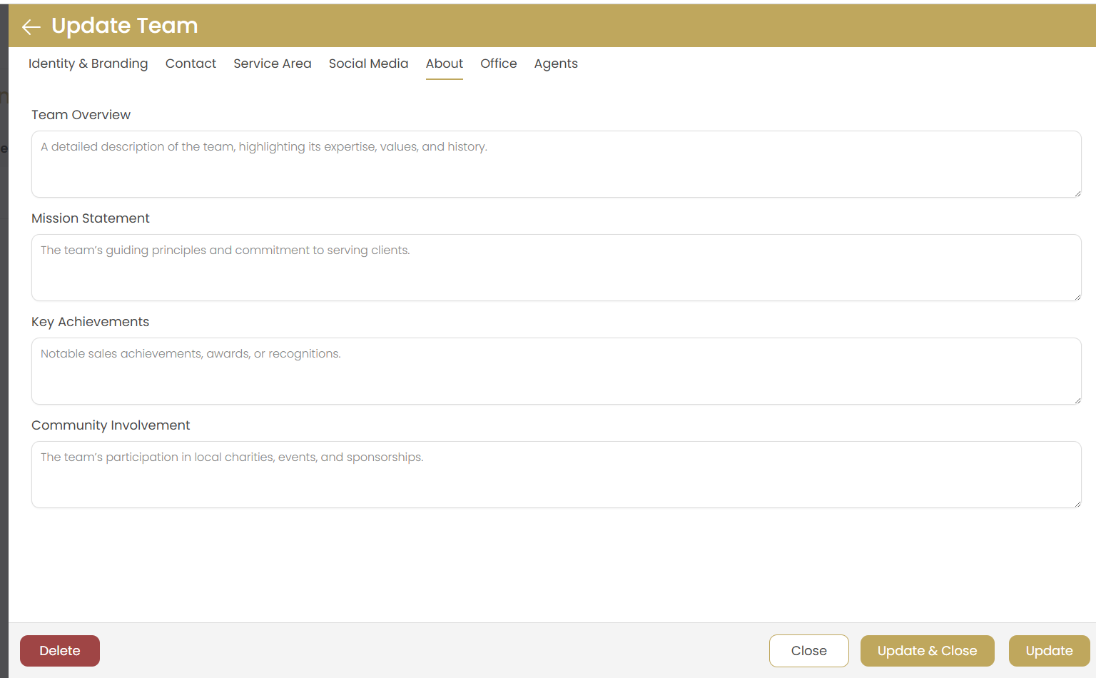 Add Team - About Tab