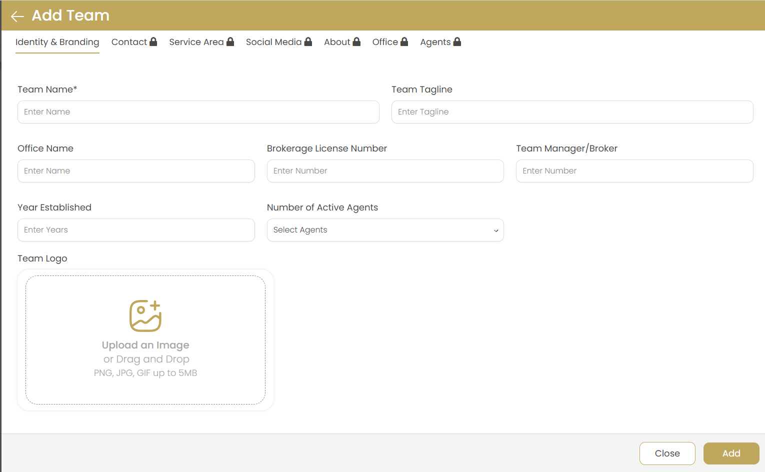 Add Team - Identity & Branding Tab