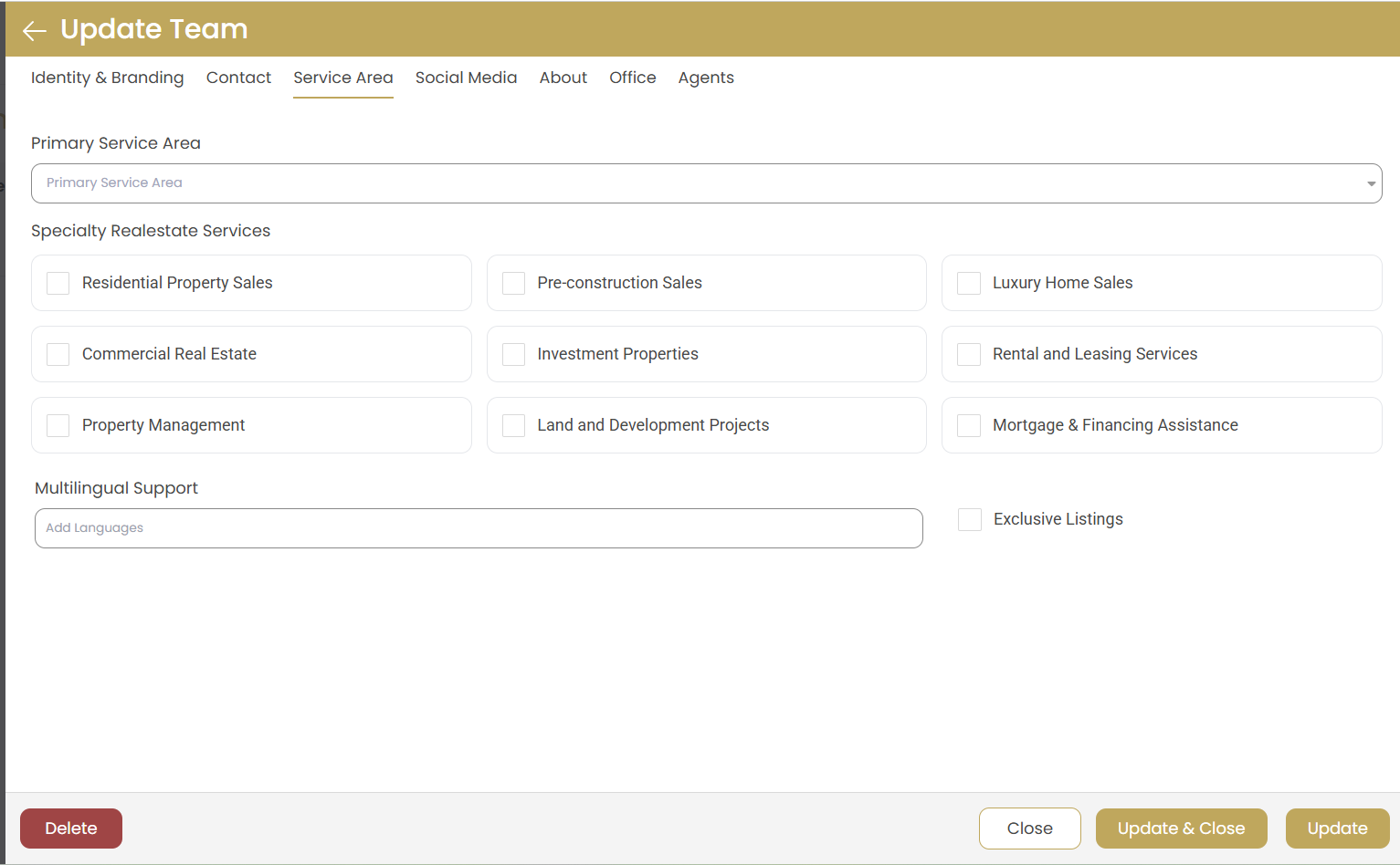 Add Team - Service Area Tab