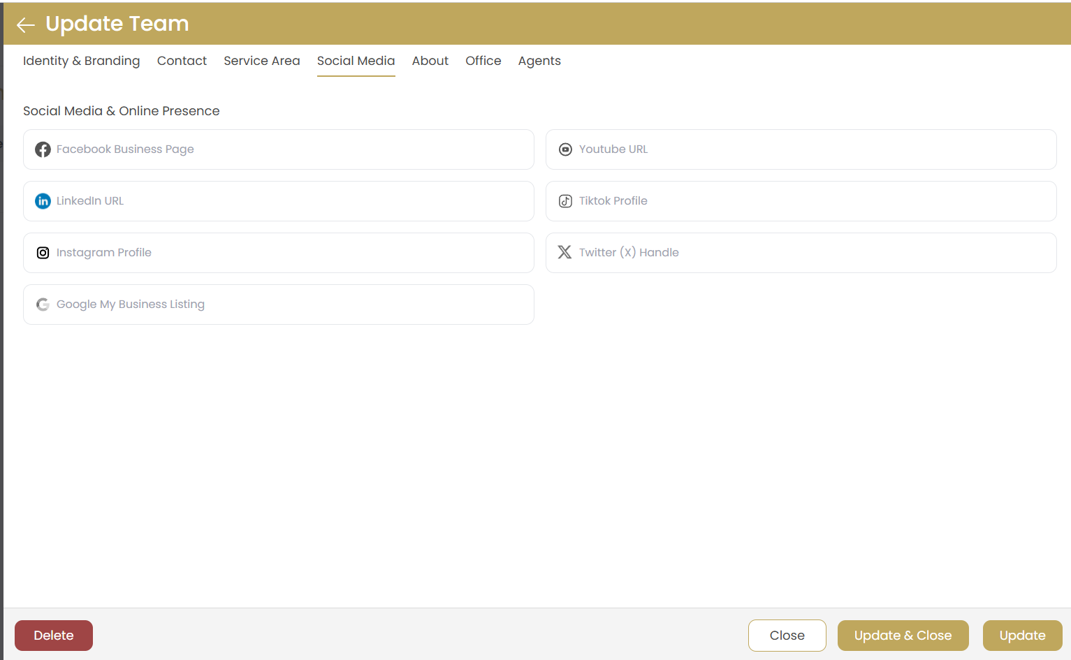 Add Team - Social Media Tab