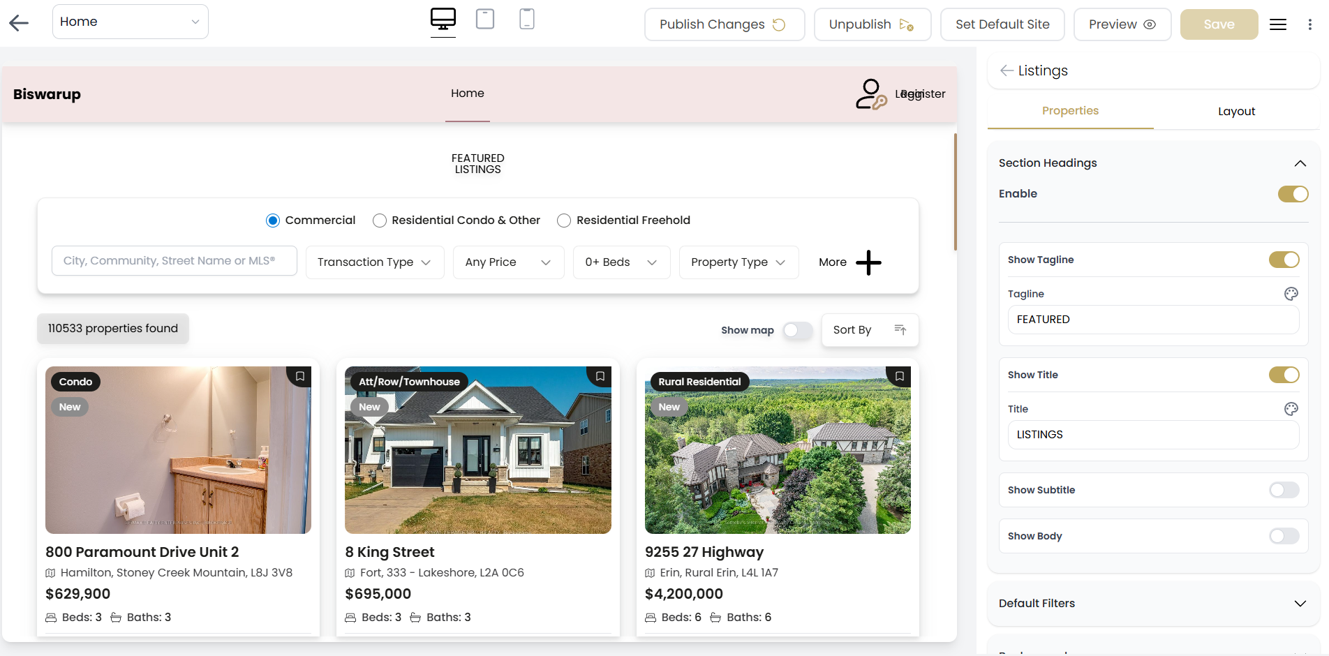 Listing Search Section Configuration