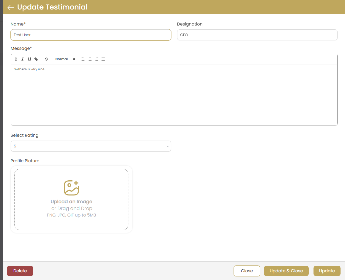 Update Testimonial Form