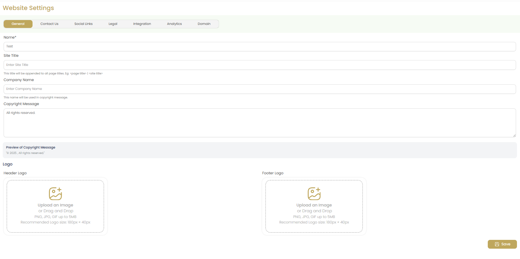 Website Settings General Tab